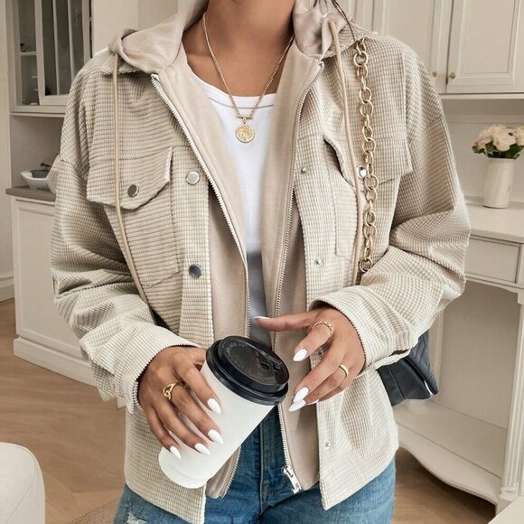 Apricot Casual Women's Flap Pocket Drop Shoulder Drawstring Hooded Jacket - Picture 5 of 6